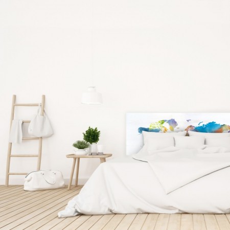 Tête de lit en bois décapée 'aquarelle du monde en couleurs'