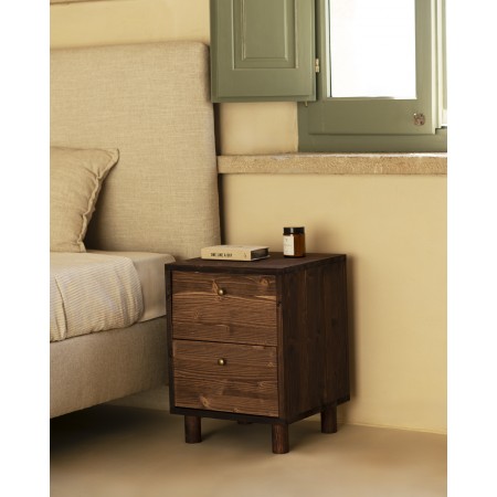 Table de chevet en bois massif avec deux tiroirs en ton noce de 50,5x37,5cm