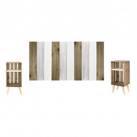 Pack vintage blanc et vieilli avec deux tables de chevet effet vieilli